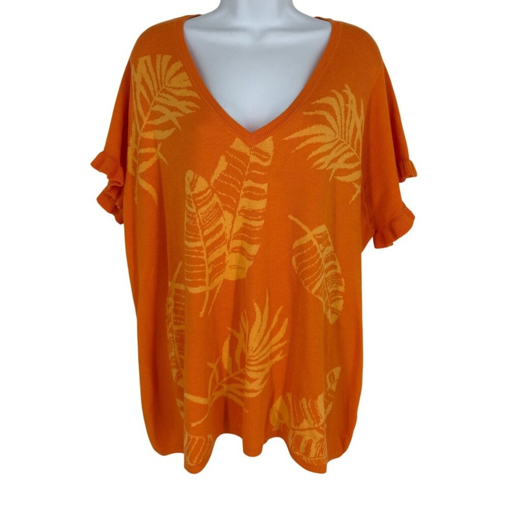 Susan Graver Orange Tropical Print Knit Top With V-Neck & Ruffle Sleeves Size 1X